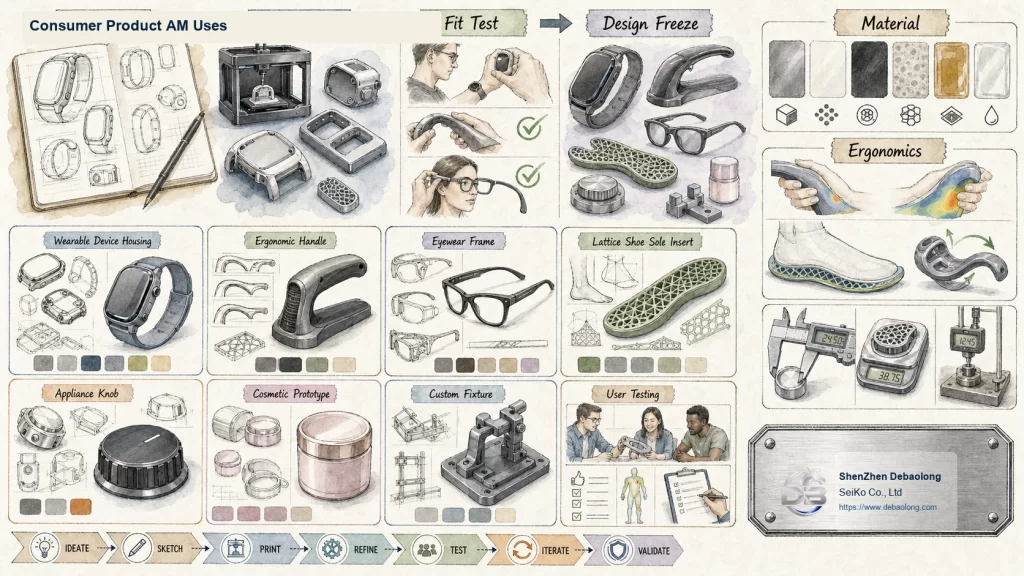 Consumer product 3D printing process illustration showing eyewear dental aligners insoles cosmetic tools razor handles and bicycle components