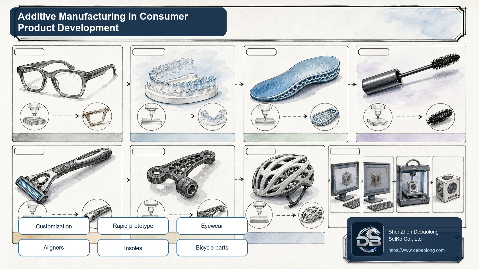 Consumer product 3D printing process illustration showing eyewear, dental aligners, insoles, cosmetic tools, razor handles and bicycle components.
