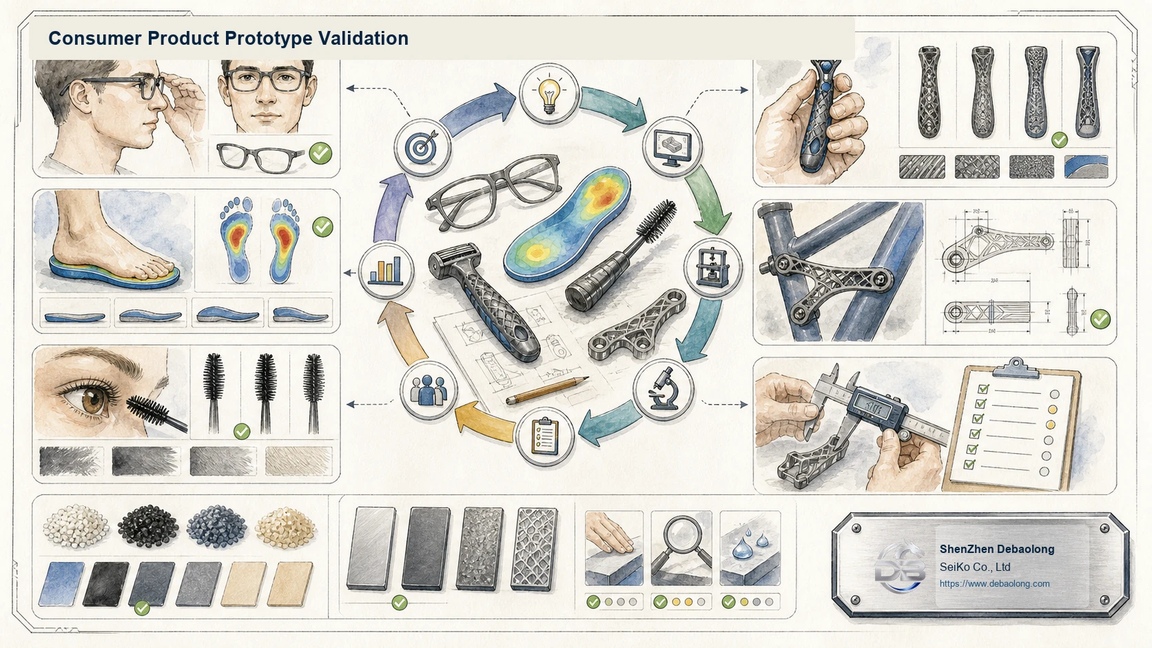 Consumer product 3D printing validation infographic showing fit checks, ergonomic testing, surface finish samples, material swatches and prototype inspection.