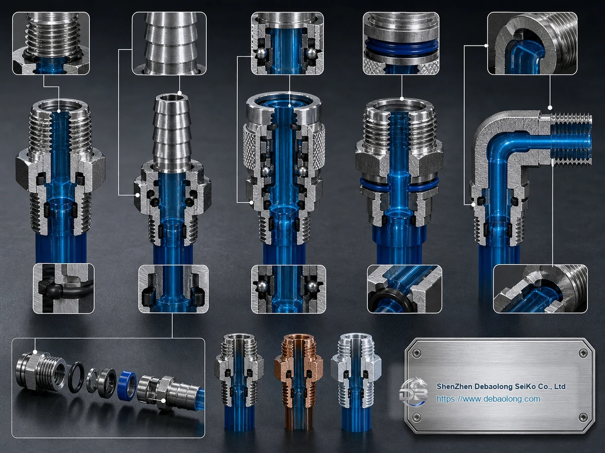 Manufacturing diagram of coolant connectors and fittings showing coolant channels, O-ring groove sealing, material interfaces and tolerances.