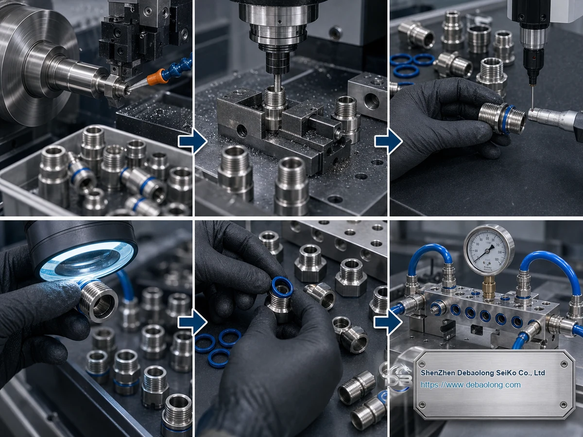 Quality workflow for coolant connectors and fittings with CNC machining, deburring, surface treatment, inspection, leak testing and clean packaging.