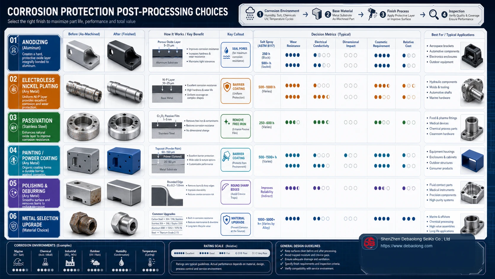 Corrosion protection post-processing comparison infographic showing anodizing, electroless nickel plating, passivation, painting, polishing and material upgrade choices.