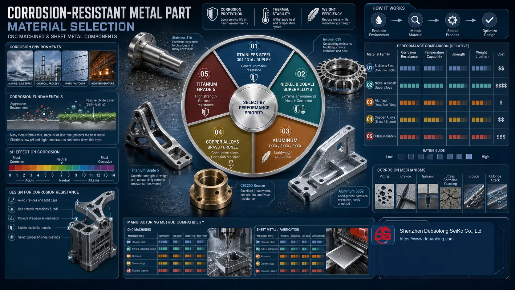 Corrosion-resistant metal material selection infographic comparing stainless steel, superalloys, aluminum, copper alloys and titanium for CNC and sheet metal parts.