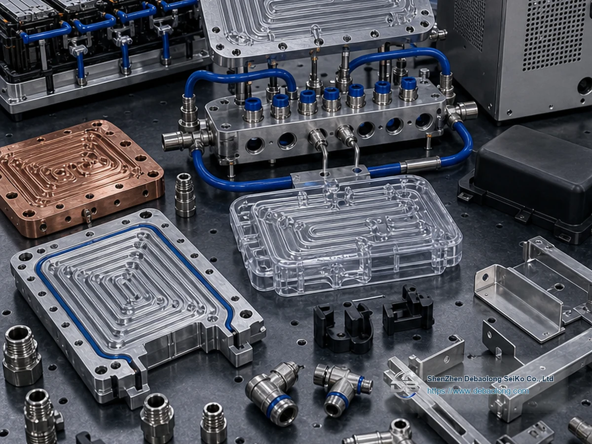 Manufacturing diagram of custom liquid cooling components showing coolant channels, O-ring groove sealing, material interfaces and tolerances.