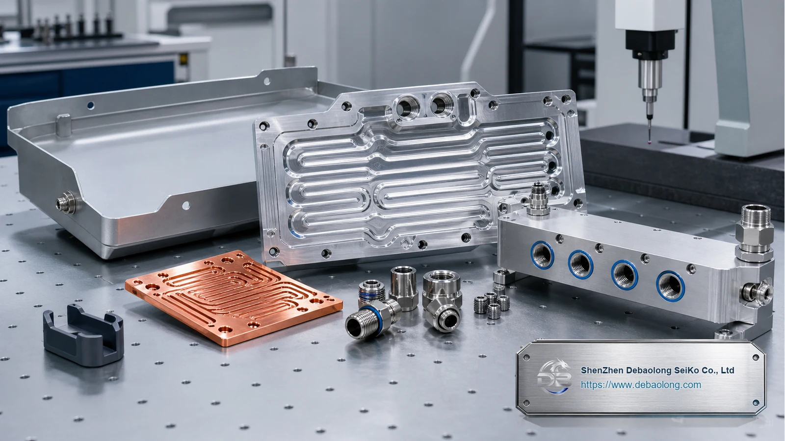 CNC machining photo of custom liquid cooling components with ports, mounting holes, inspected surface finish and thermal management hardware.