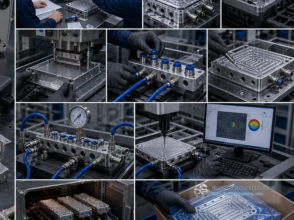 Quality workflow for custom liquid cooling components with CNC machining, deburring, surface treatment, inspection, leak testing and clean packaging.