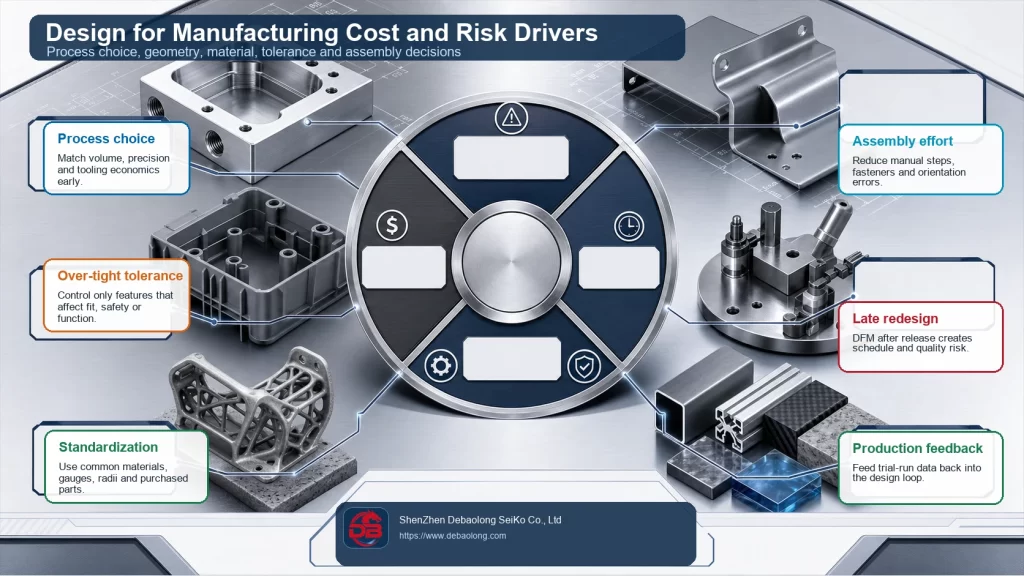 Design for manufacturing cost and risk driver infographic showing process choice, tolerances, standardization, assembly effort, redesign risk and production feedback.