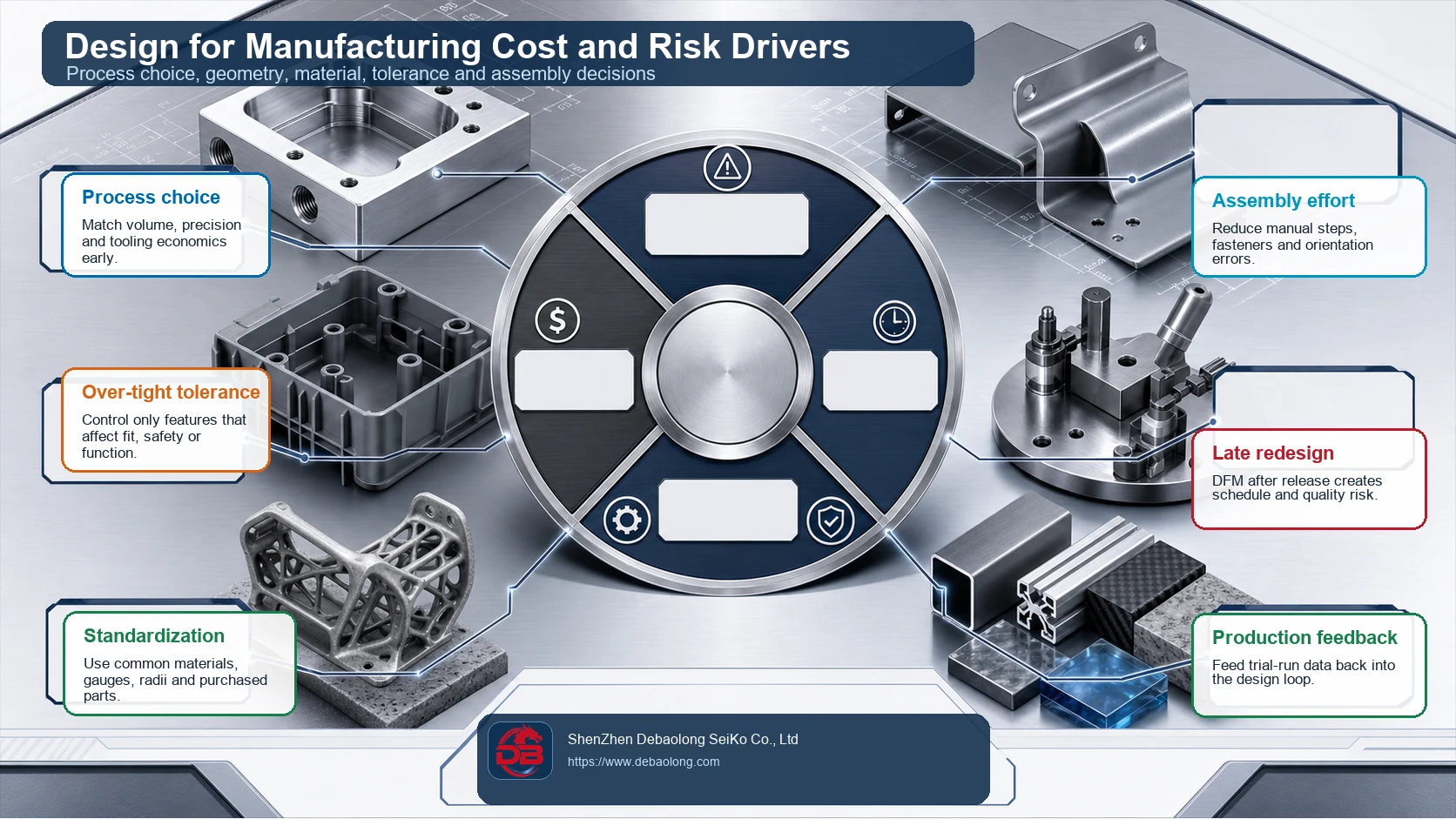 Design for manufacturing cost and risk driver infographic showing process choice, tolerances, standardization, assembly effort, redesign risk and production feedback.