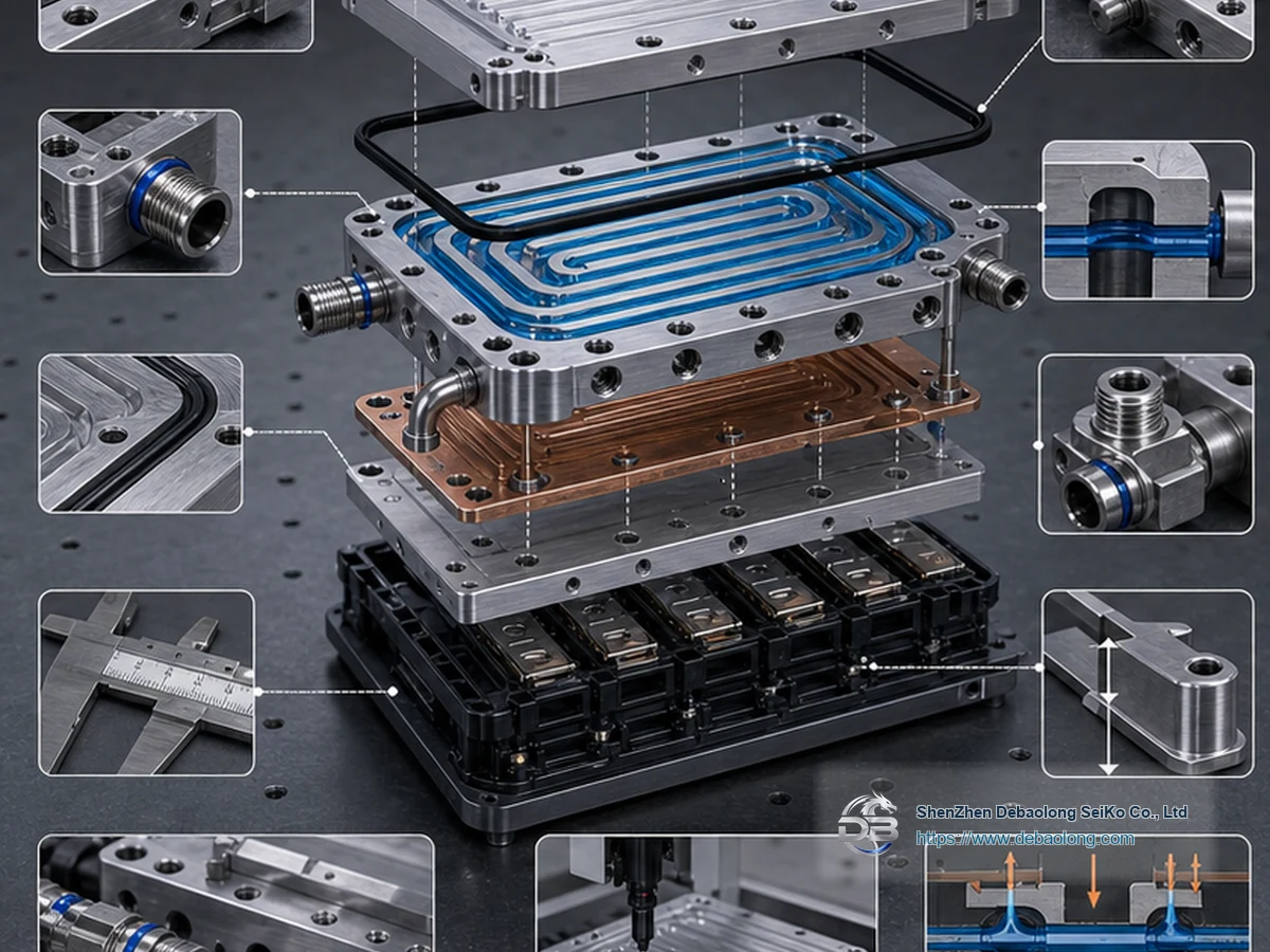 Manufacturing diagram of DFM liquid cooling plates showing coolant channels, O-ring groove sealing, material interfaces and tolerances.
