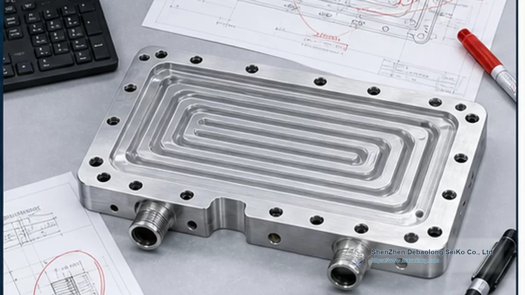 CNC machining photo of DFM liquid cooling plates with ports, mounting holes, inspected surface finish and thermal management hardware.
