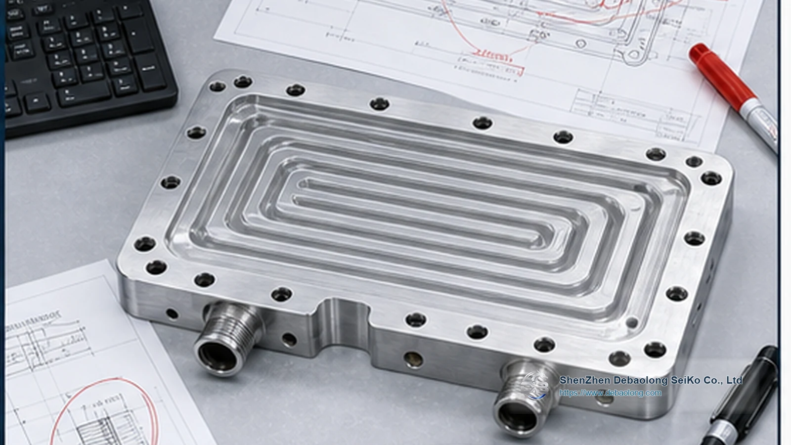 CNC machining photo of DFM liquid cooling plates with ports, mounting holes, inspected surface finish and thermal management hardware.