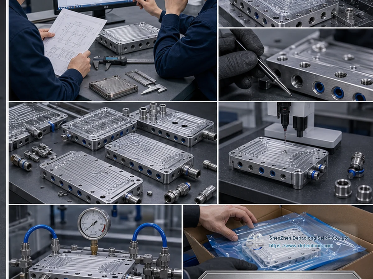 Quality workflow for DFM liquid cooling plates with CNC machining, deburring, surface treatment, inspection, leak testing and clean packaging.