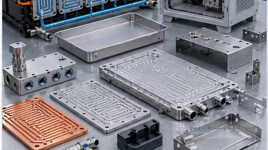 Assorted precision metal parts and copper heat exchanger plates spread on a workshop bench.