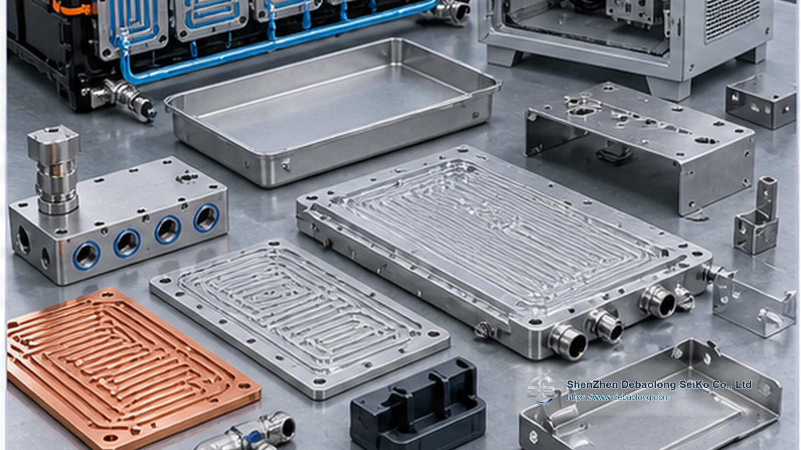 CNC machining photo of energy storage cooling components with ports, mounting holes, inspected surface finish and thermal management hardware.