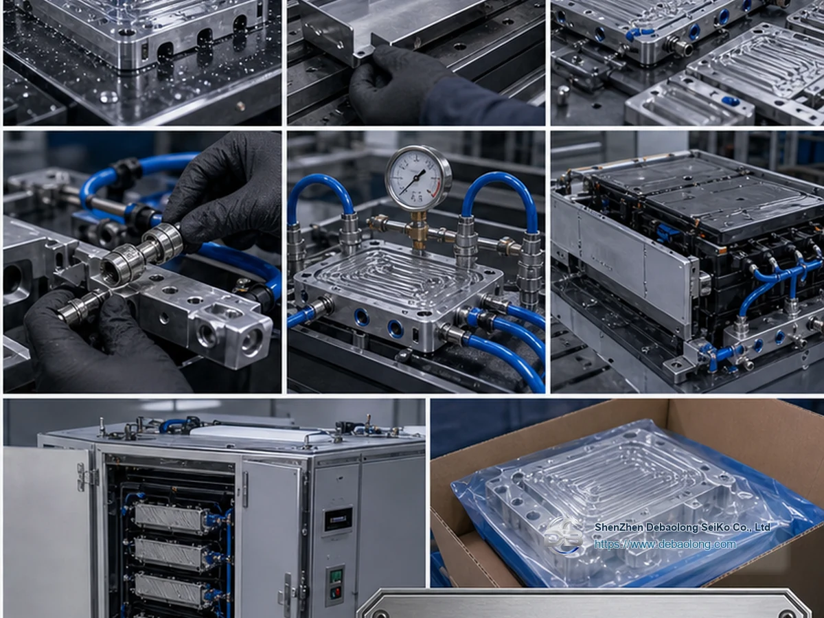 Quality workflow for energy storage cooling components with CNC machining, deburring, surface treatment, inspection, leak testing and clean packaging.