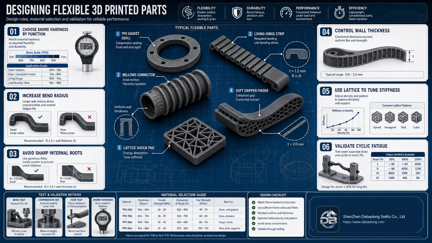 Flexible 3D printed part design rules diagram showing Shore hardness, bend radius, wall thickness, lattices and cyclic fatigue validation.