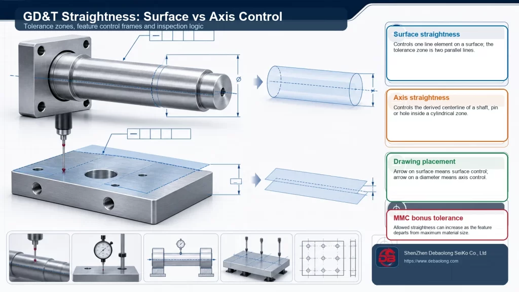 GD&T straightness technical diagram showing surface straightness, axis straightness, tolerance zones, feature control frames and inspection logic for machined parts.