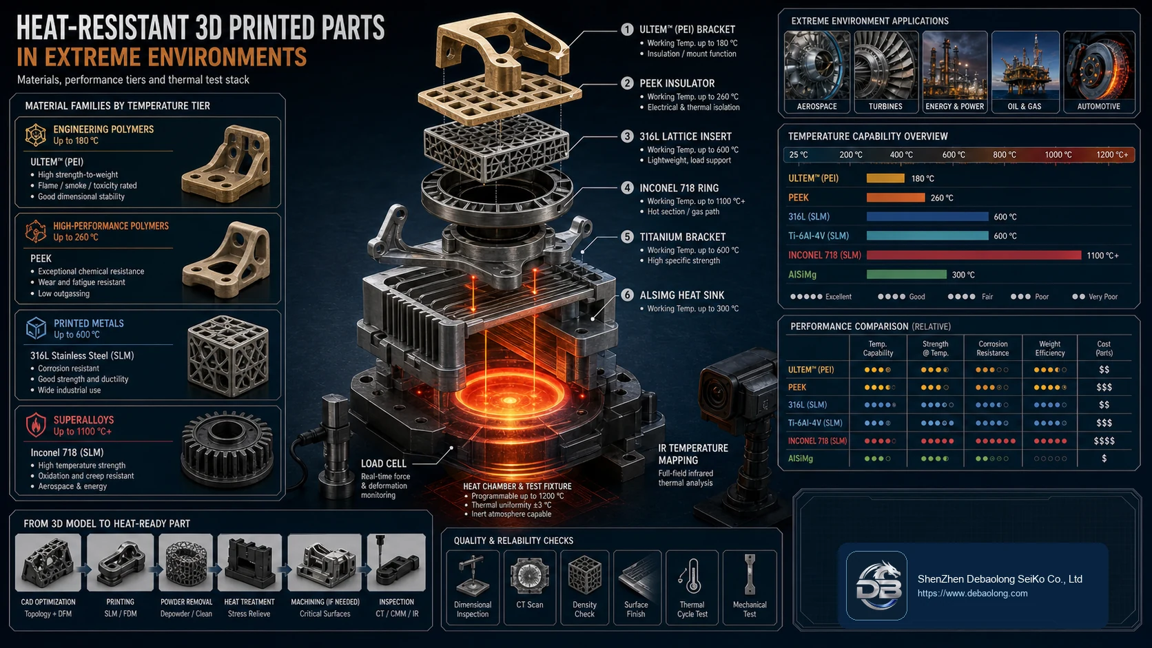 Premium exploded render of heat-resistant 3D printed parts showing polymer brackets, metal lattices, Inconel ring, titanium bracket and thermal test stack.