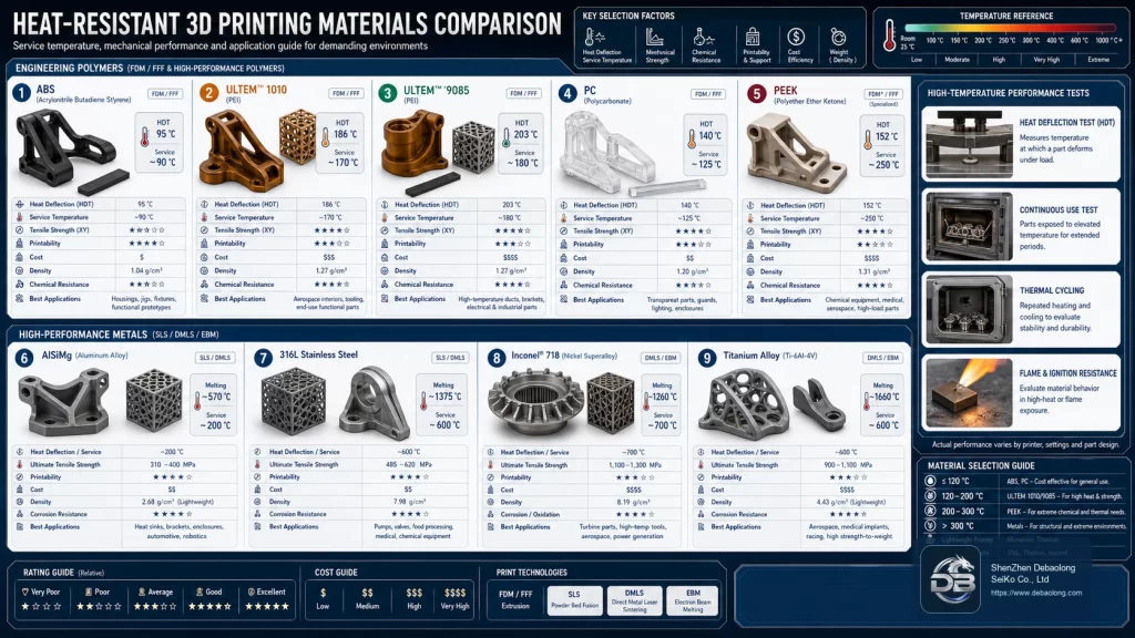 Heat-resistant 3D printing material comparison dashboard covering ABS, ULTEM, PC, PEEK, AlSiMg, 316L stainless steel, Inconel and titanium.