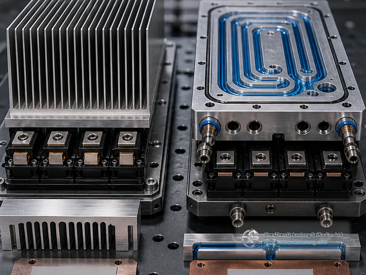 Manufacturing diagram of heat sinks and cold plates showing coolant channels, O-ring groove sealing, material interfaces and tolerances.