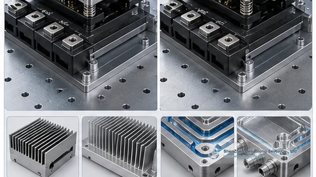 CNC machining photo of heat sinks and cold plates with ports, mounting holes, inspected surface finish and thermal management hardware.