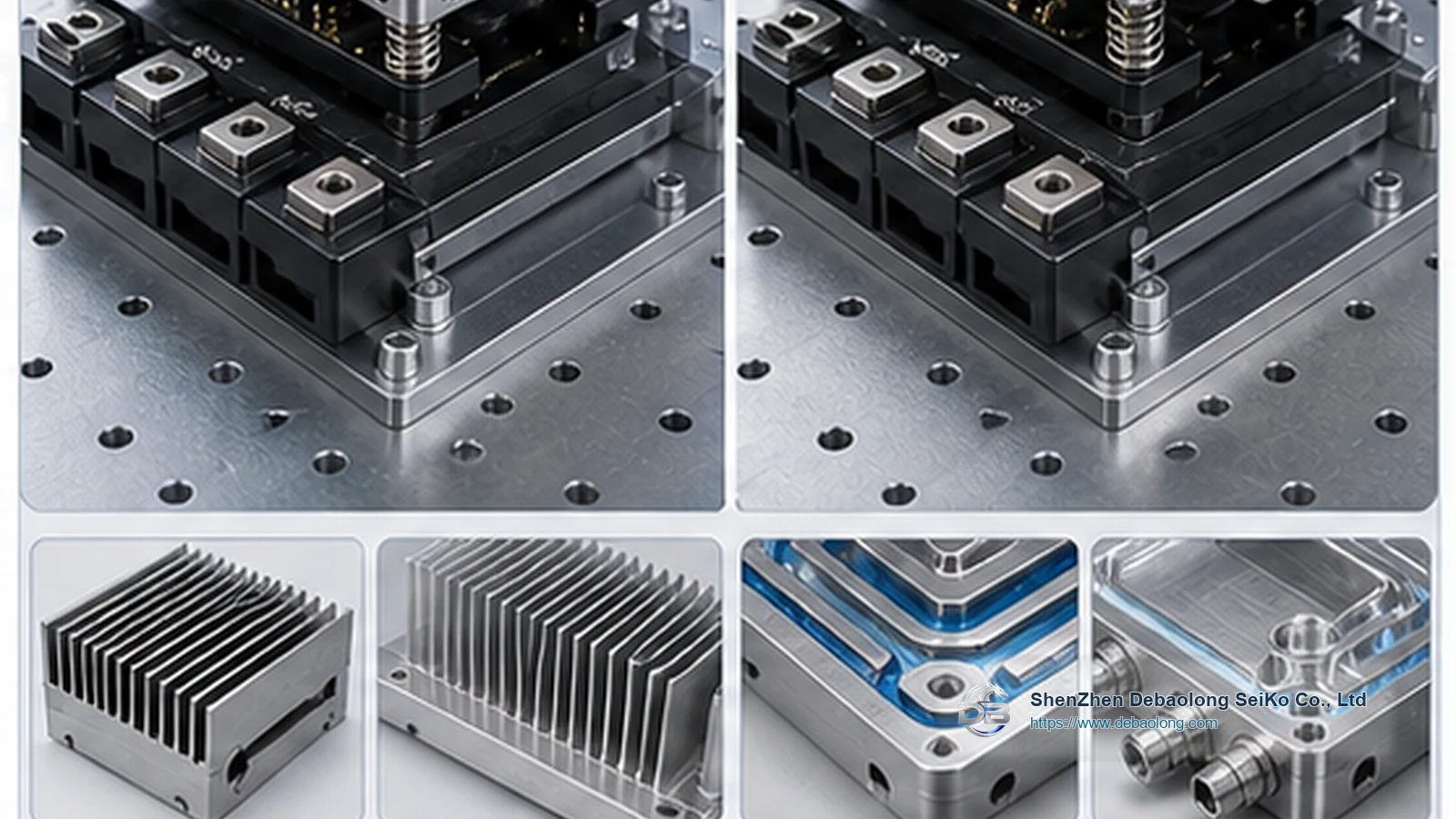 CNC machining photo of heat sinks and cold plates with ports, mounting holes, inspected surface finish and thermal management hardware.
