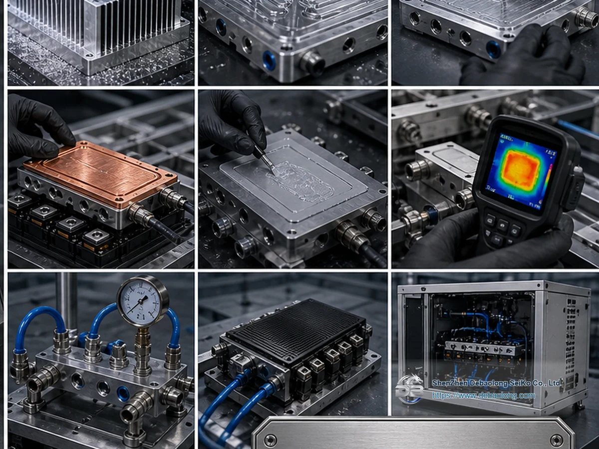 Quality workflow for heat sinks and cold plates with CNC machining, deburring, surface treatment, inspection, leak testing and clean packaging.