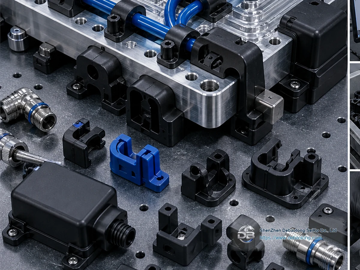 Manufacturing diagram of injection molded cooling system parts showing coolant channels, O-ring groove sealing, material interfaces and tolerances.