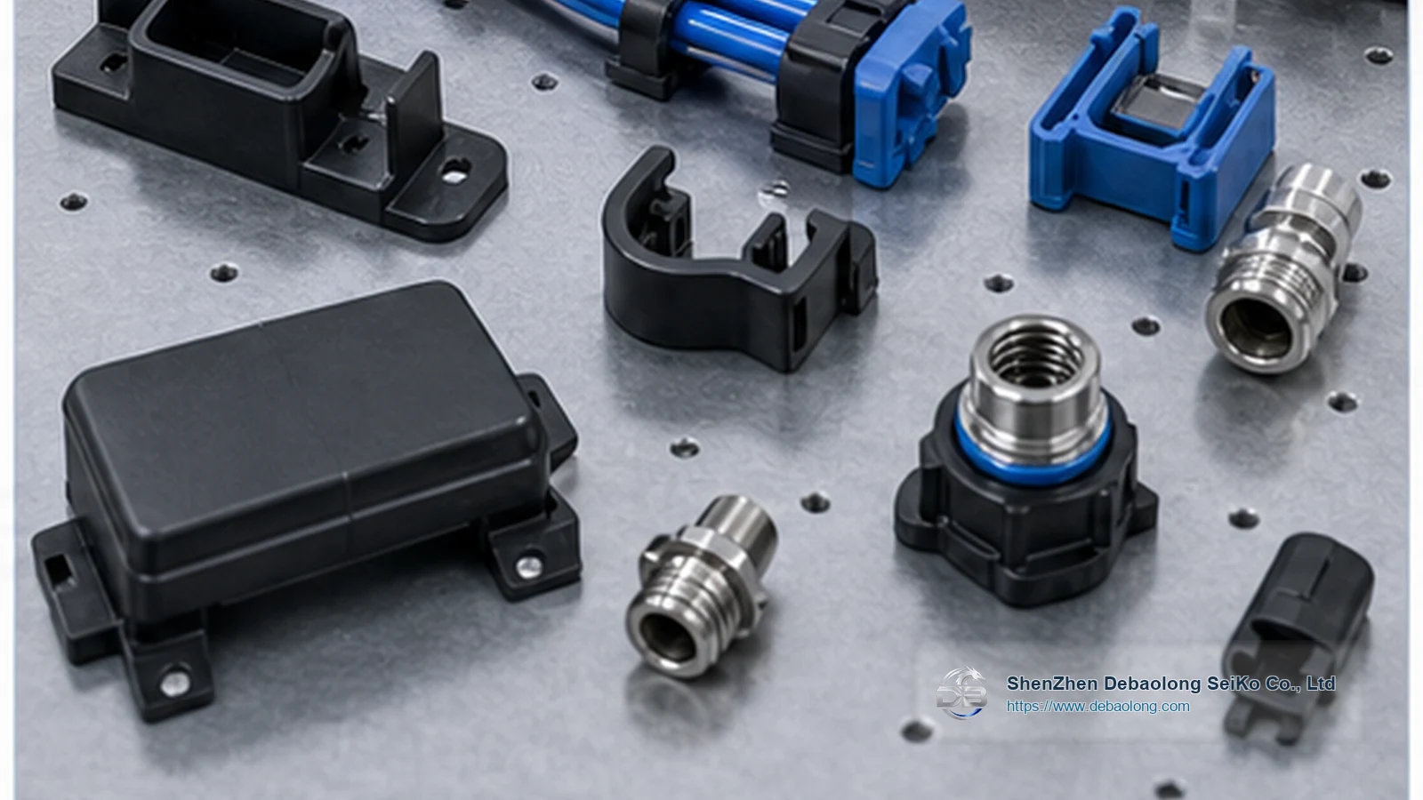 CNC machining photo of injection molded cooling system parts with ports, mounting holes, inspected surface finish and thermal management hardware.