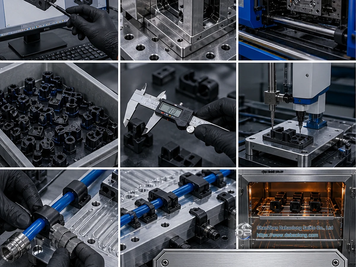 Quality workflow for injection molded cooling system parts with CNC machining, deburring, surface treatment, inspection, leak testing and clean packaging.