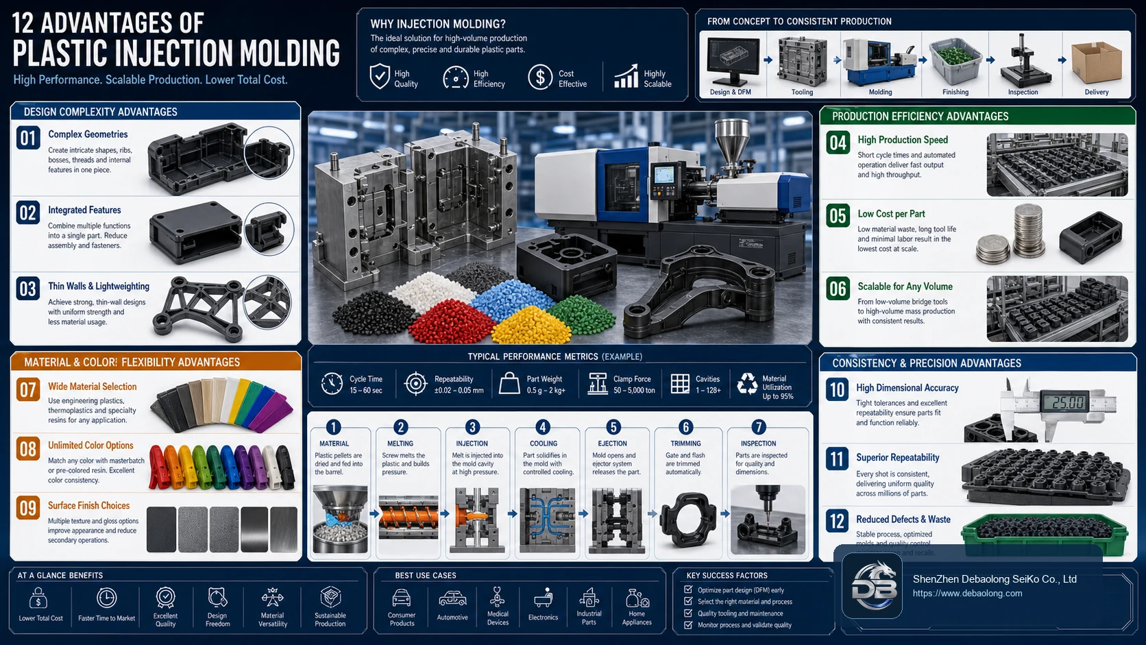 Injection molding advantages production dashboard showing complex design, high speed, material flexibility, precision, repeatability and reduced waste.