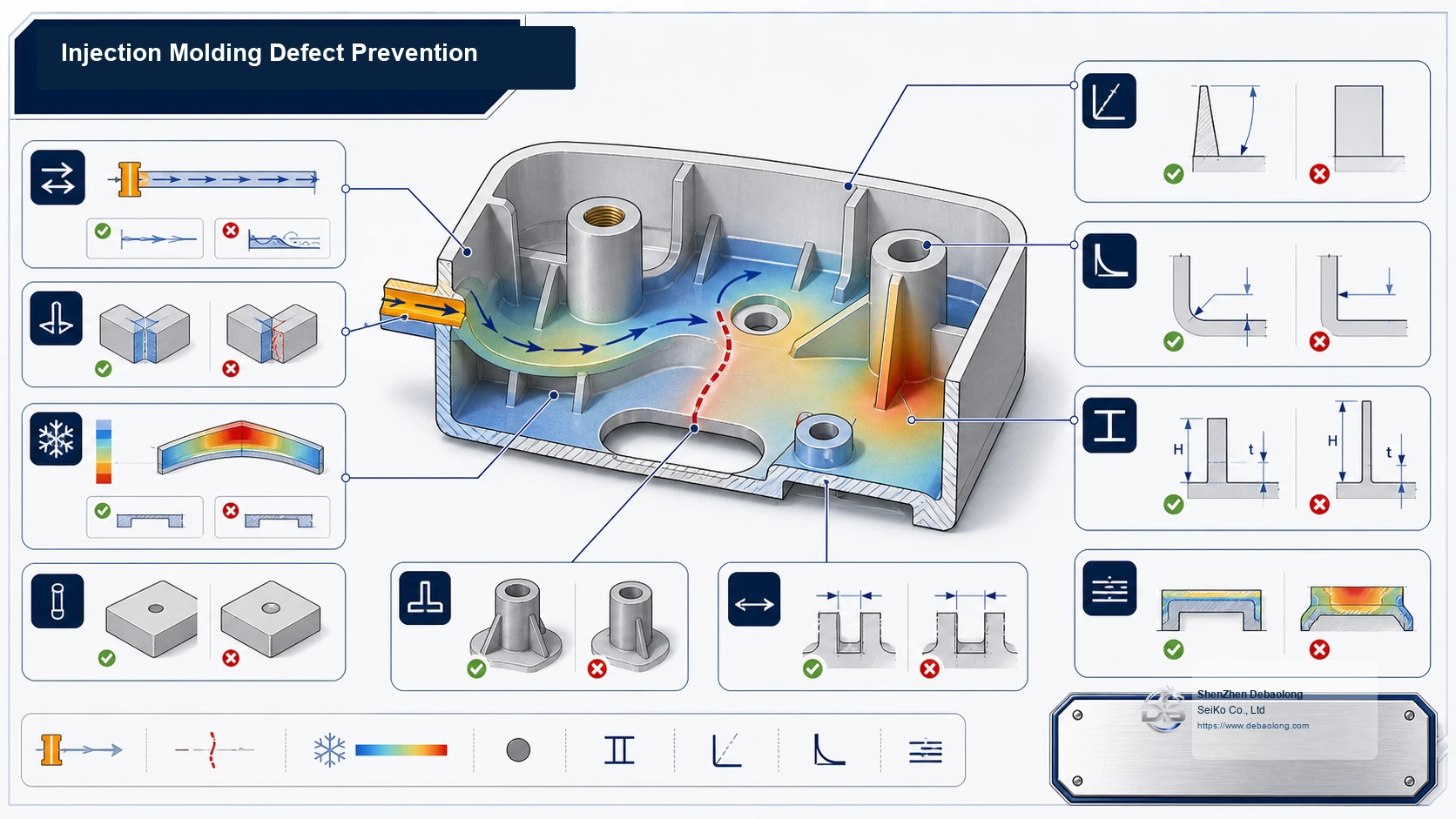 Injection molding defect prevention diagram showing resin flow, gate location, weld line risk, shrinkage, rib sink and ejector mark control.