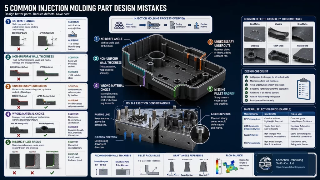 Injection molding part design mistakes technical diagram showing draft angle wall thickness undercuts material choice and fillet radius issues