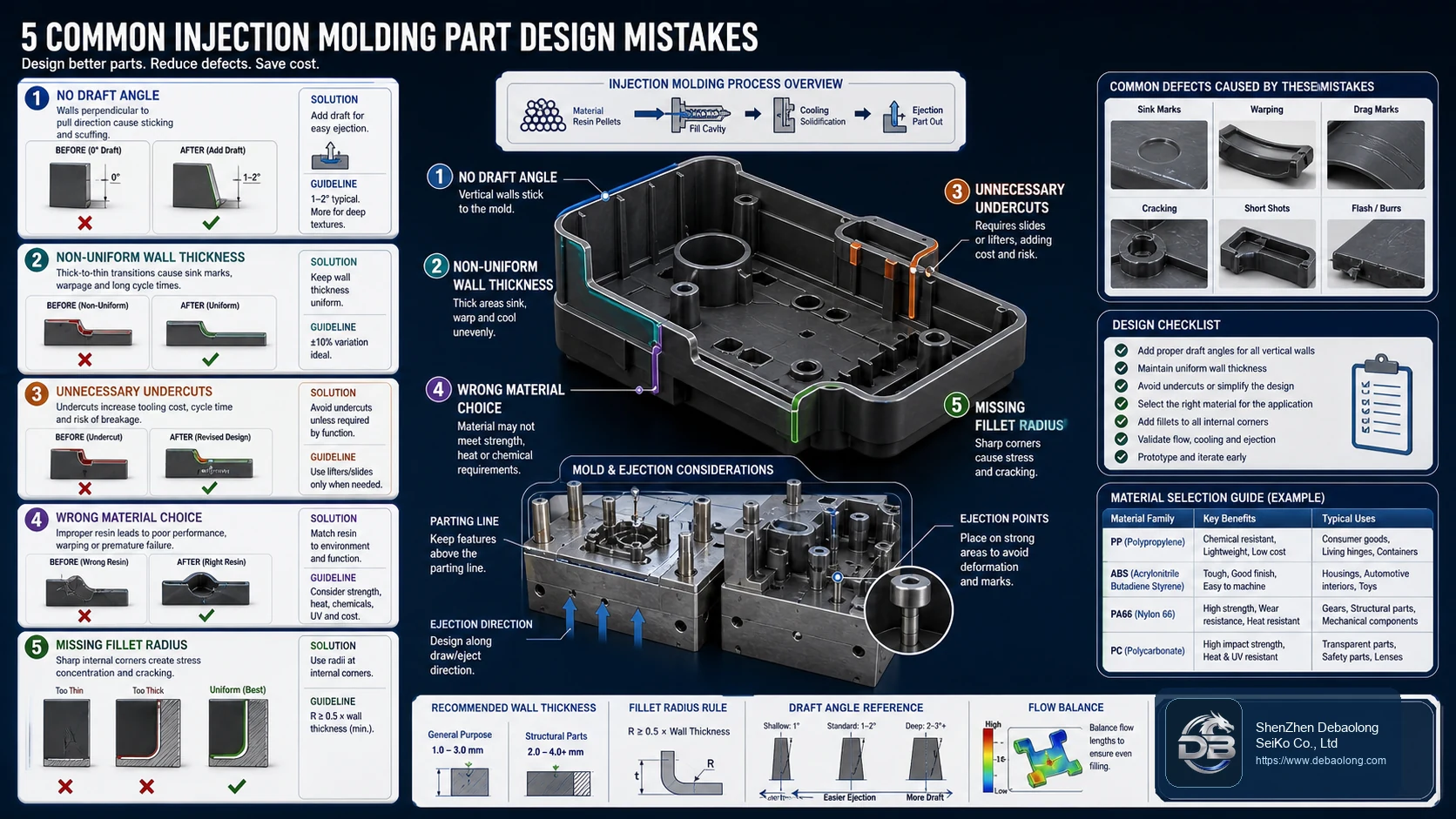 Injection molding part design mistakes technical diagram showing draft angle, wall thickness, undercuts, material choice and fillet radius issues.