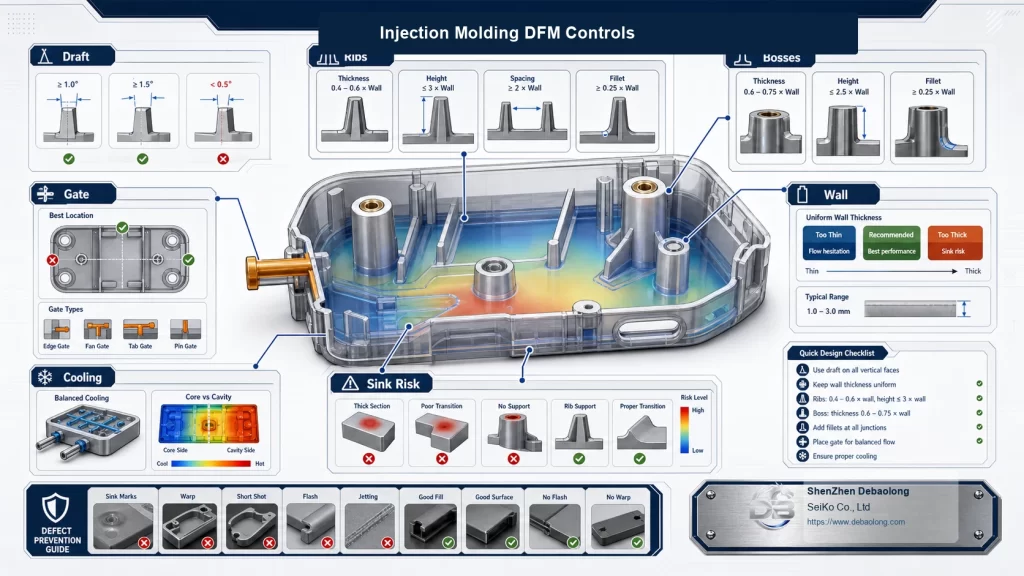 Injection molding design tips diagram showing material choice, wall thickness, draft angle, ribs, fillets, snap-fits, bosses and gate placement.