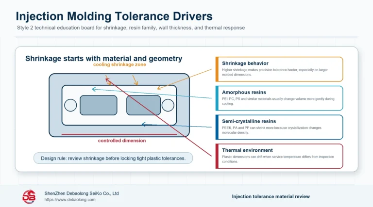 Injection molding shrinkage tolerance control infographic showing resin shrinkage, amorphous and semi-crystalline materials, controlled dimensions, and thermal environment effects.
