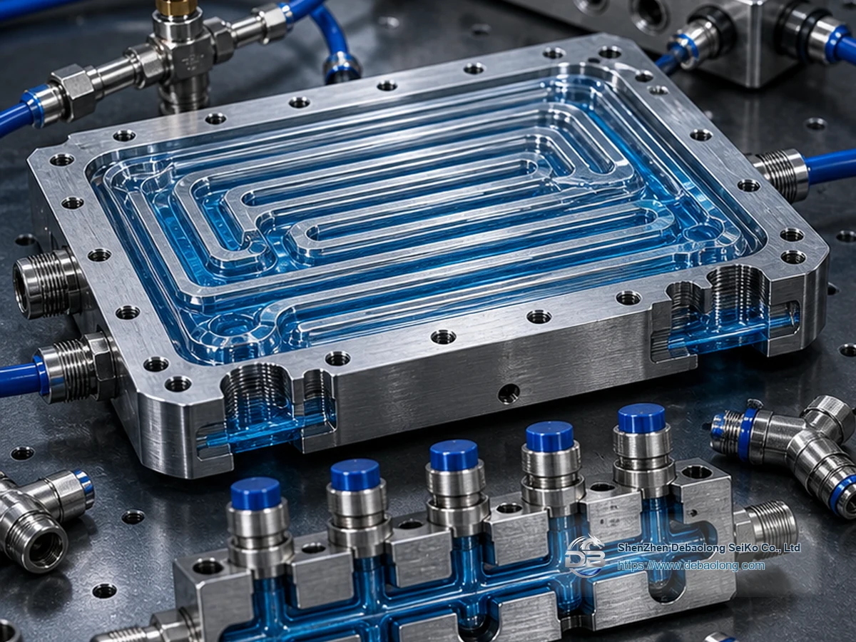 Manufacturing diagram of leak tested liquid cooling parts showing coolant channels, O-ring groove sealing, material interfaces and tolerances.