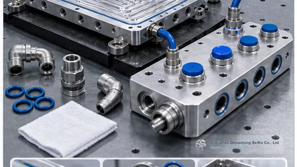 CNC machining photo of leak tested liquid cooling parts with ports, mounting holes, inspected surface finish and thermal management hardware.