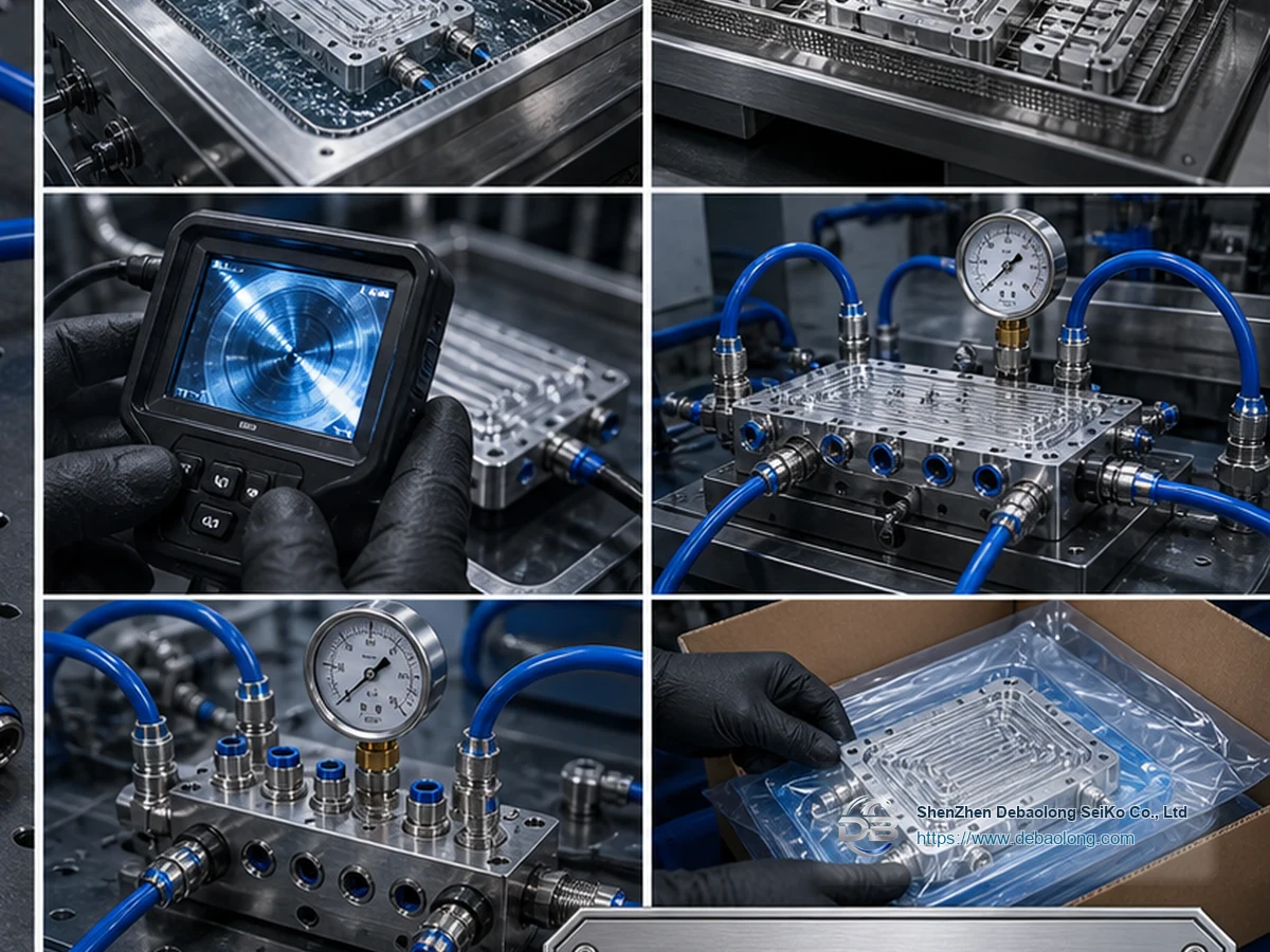 Quality workflow for leak tested liquid cooling parts with CNC machining, deburring, surface treatment, inspection, leak testing and clean packaging.