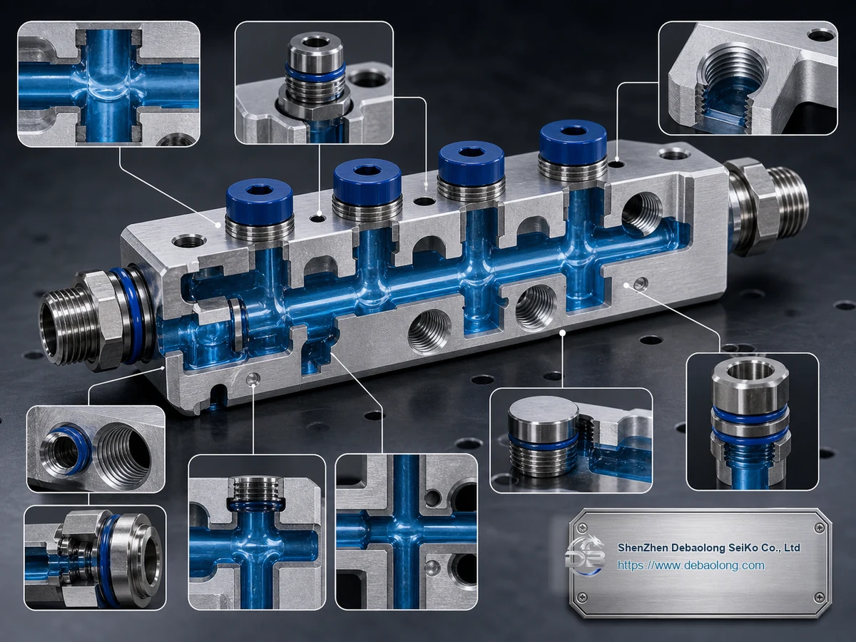 Manufacturing diagram of liquid cooling manifold blocks showing coolant channels, O-ring groove sealing, material interfaces and tolerances.