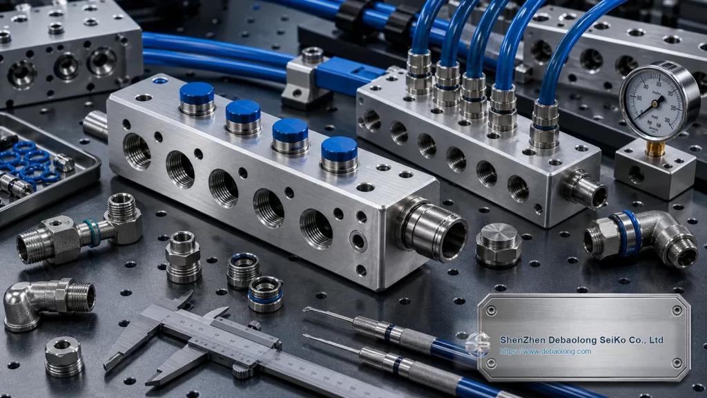 CNC machining photo of liquid cooling manifold blocks with ports, mounting holes, inspected surface finish and thermal management hardware.
