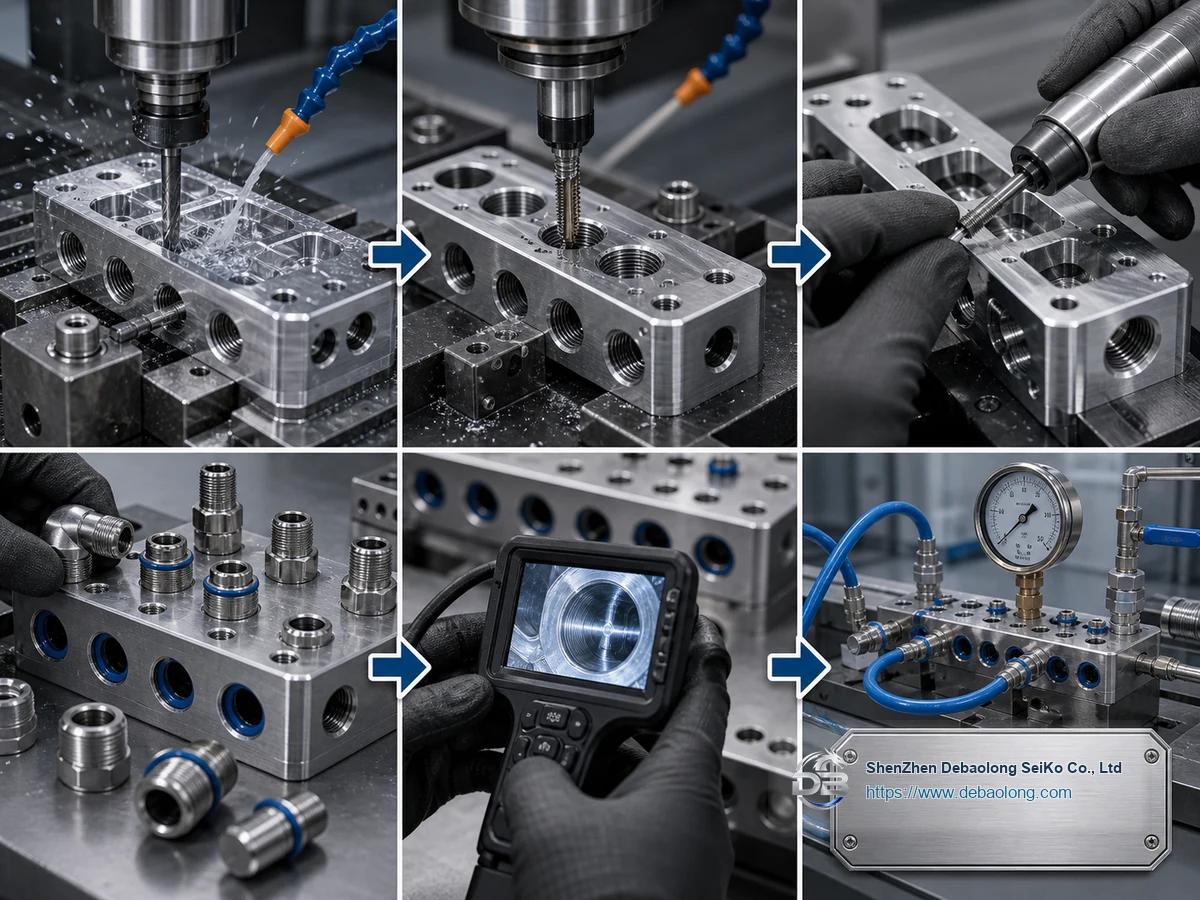 Quality workflow for liquid cooling manifold blocks with CNC machining, deburring, surface treatment, inspection, leak testing and clean packaging.