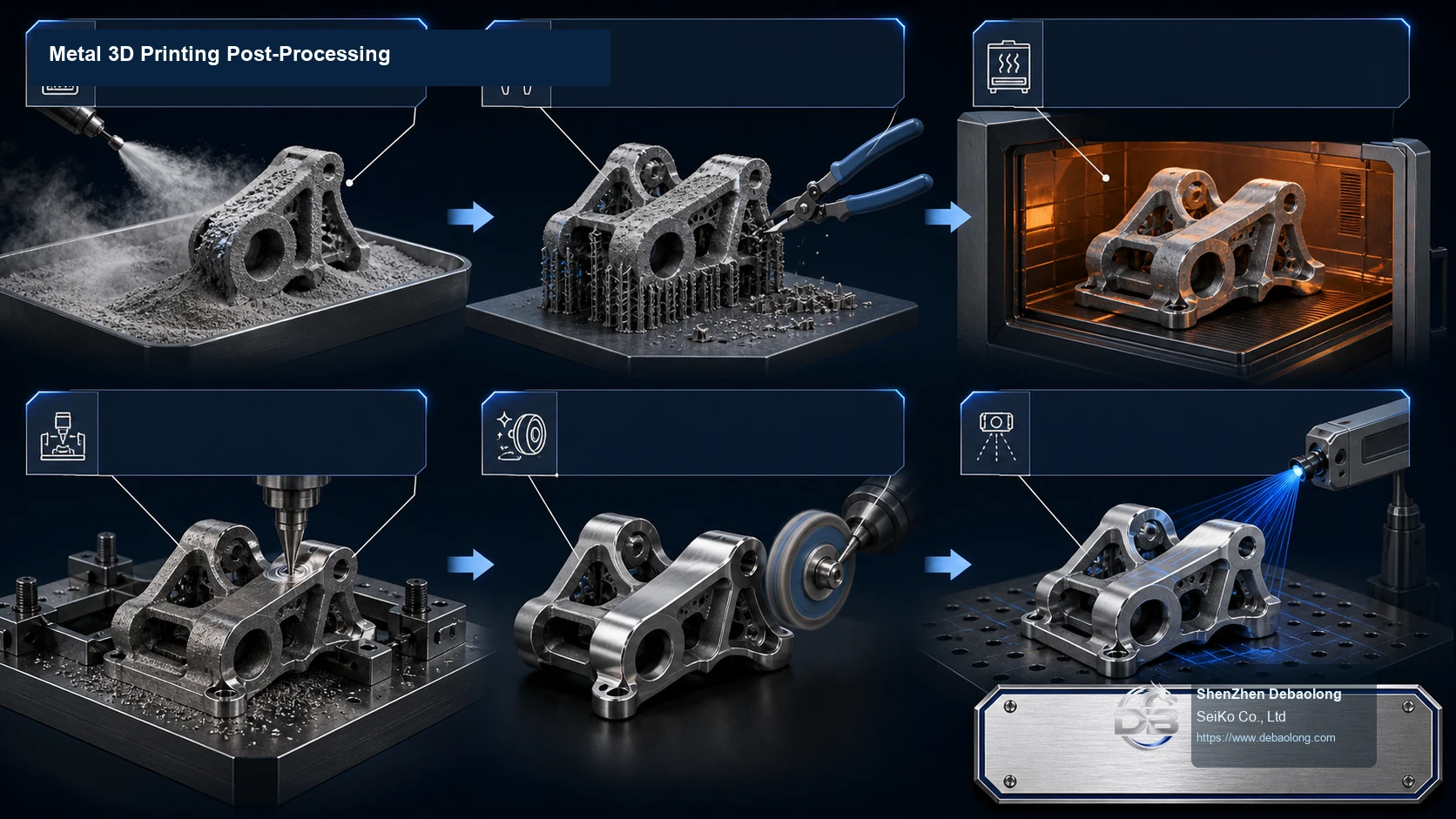 Metal 3D printing post-processing workflow showing powder removal, support removal, heat treatment, CNC machining, polishing and inspection scanning.