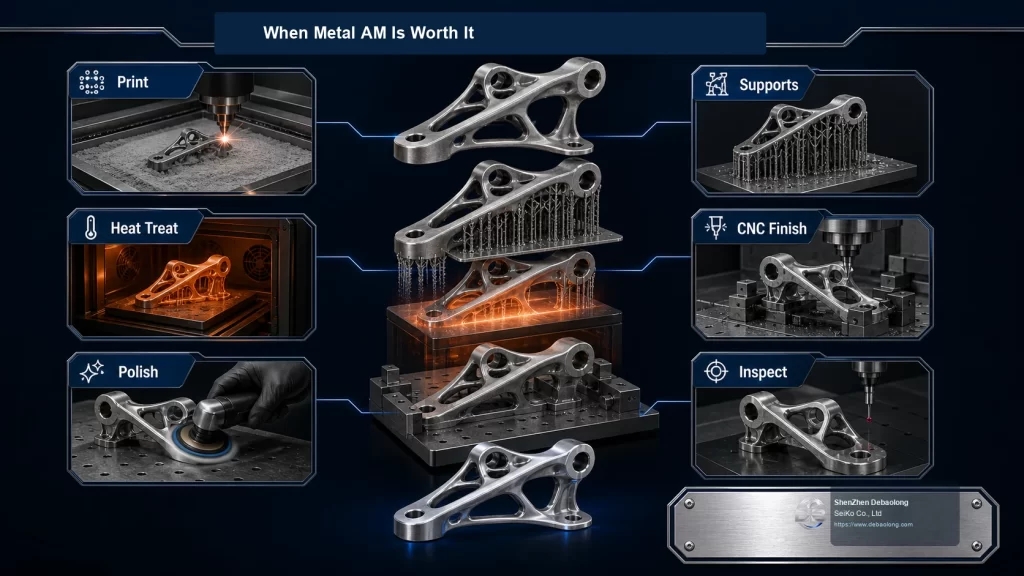 Metal 3D printing selection render showing a lightweight lattice bracket, internal channels, powder-bed build plate and post-machined surfaces.