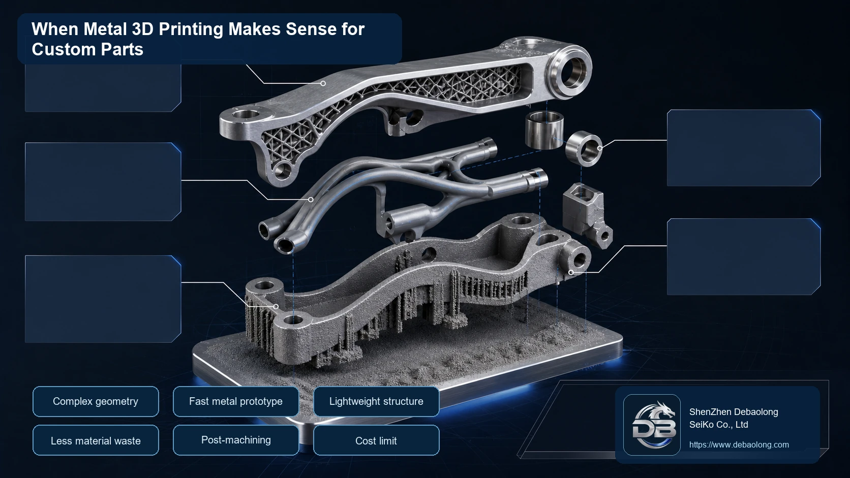 Metal 3D printing selection render showing a lightweight lattice bracket, internal channels, powder-bed build plate and post-machined surfaces.