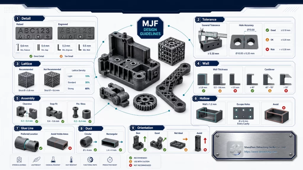 MJF design guideline infographic showing nylon parts with raised details engraved details tolerances lattice infill walls assemblies and orientation