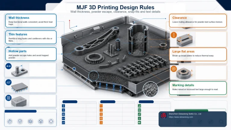 MJF 3D printing design rules diagram showing wall thickness, thin features, hollow parts, clearance, flat areas and marking details in a powder bed build.