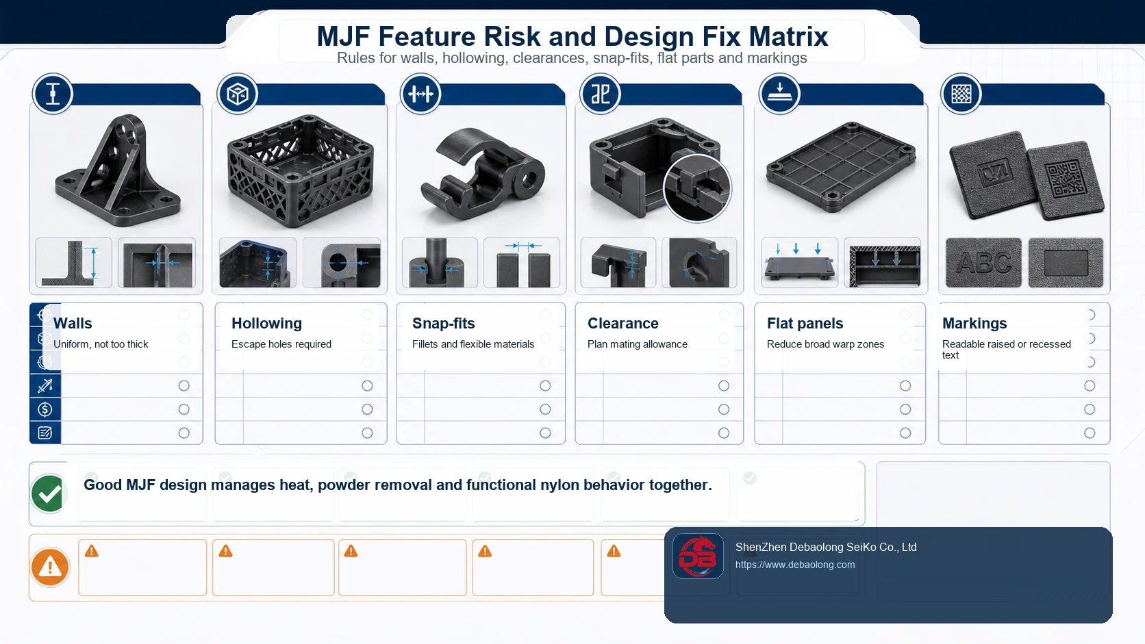 MJF feature risk and design fix matrix showing walls, hollowing, snap-fits, clearance, flat panels and readable markings for nylon printed parts.
