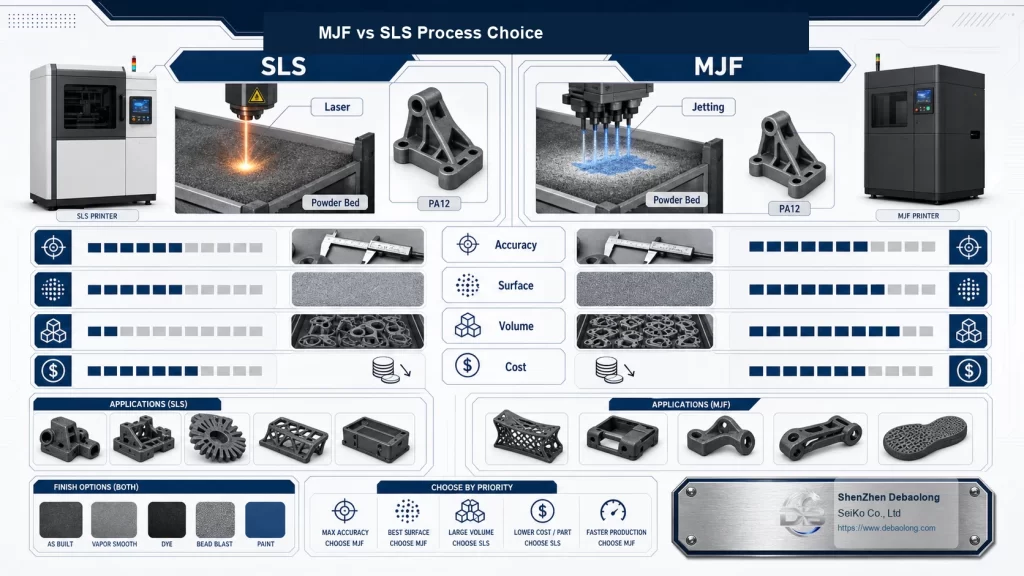 MJF versus SLS 3D printing comparison showing powder bed process nylon materials accuracy surface finish processing time and part size