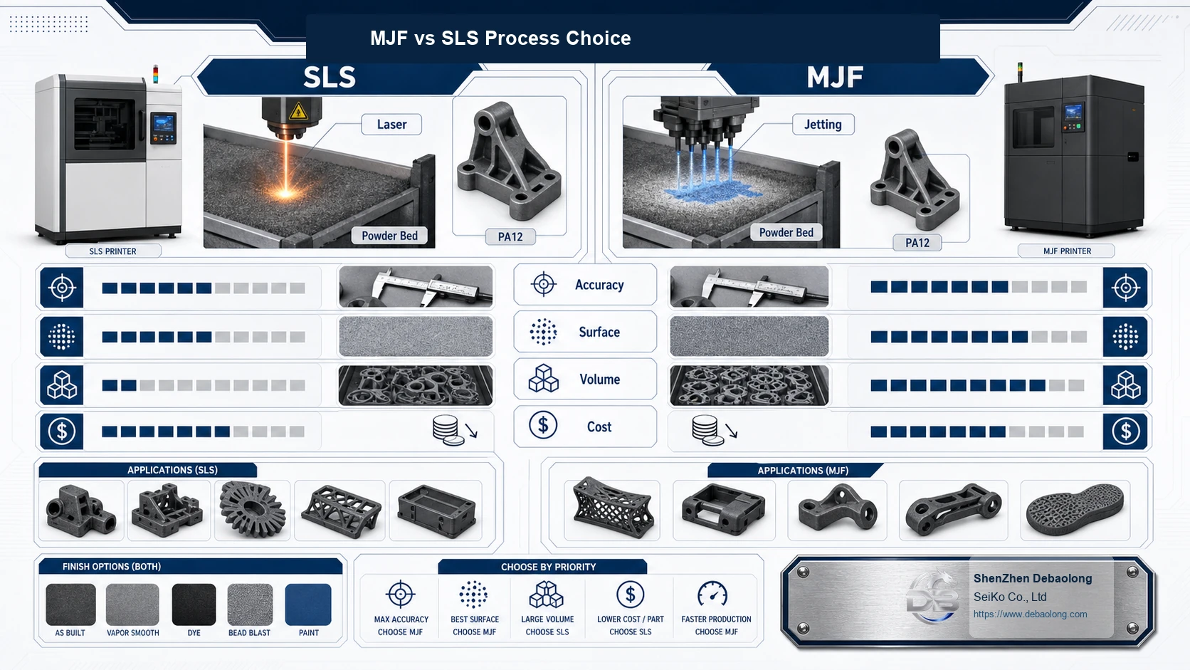 MJF versus SLS 3D printing comparison showing powder bed process, nylon materials, accuracy, surface finish, processing time and part size.